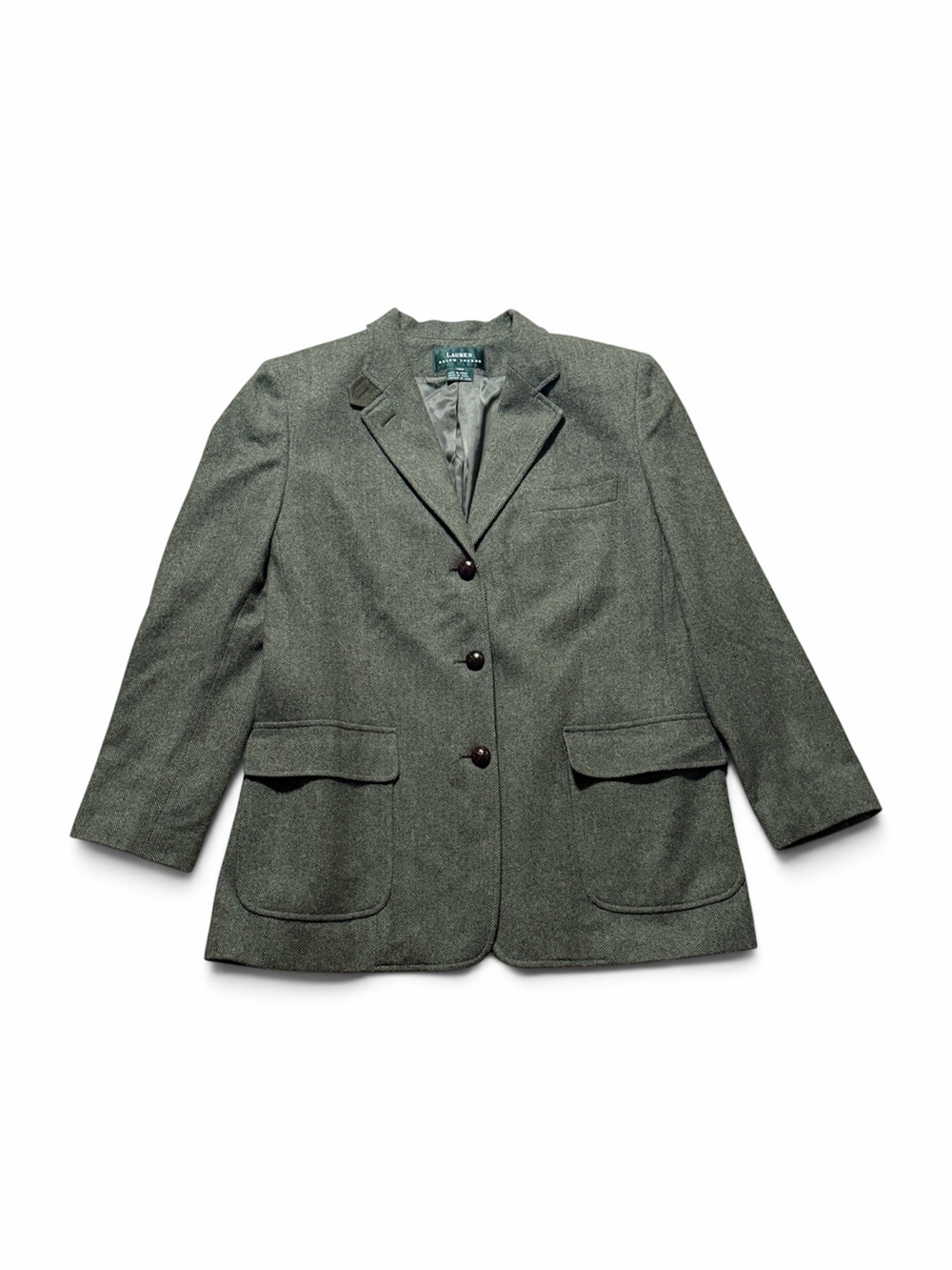 Lauren Ralph Lauren Blazer Women’s 14W Green Lambswool Herringbone FLAWS READ